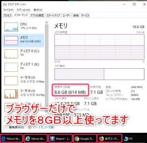 Windwos10のメモリは8GBだと不足、16GB以上搭載するべき　タスクマネージャーでのメモリ使用量