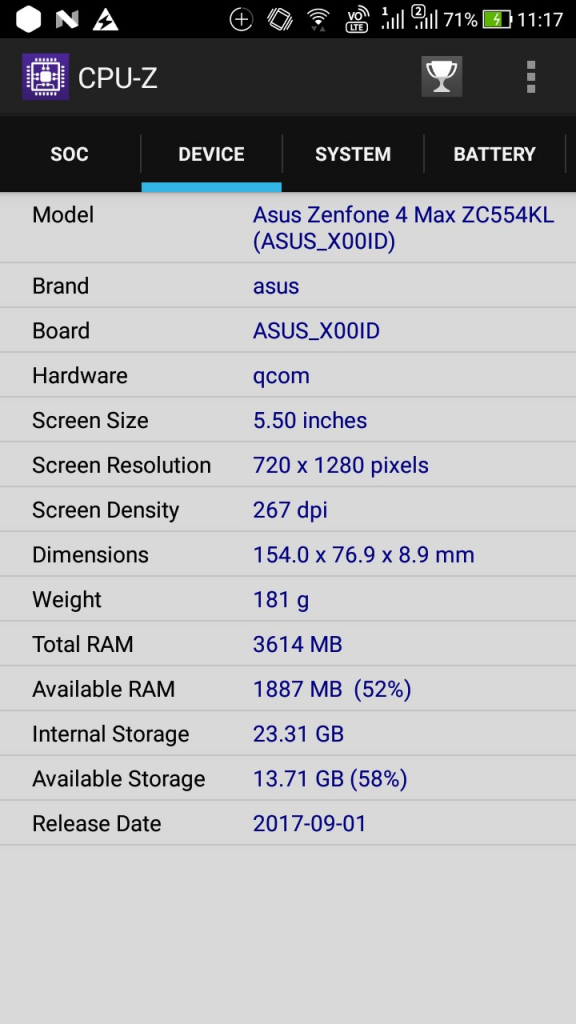 ZenFone4 Max Pro (ZC554KL) CPU-Z DEVICE